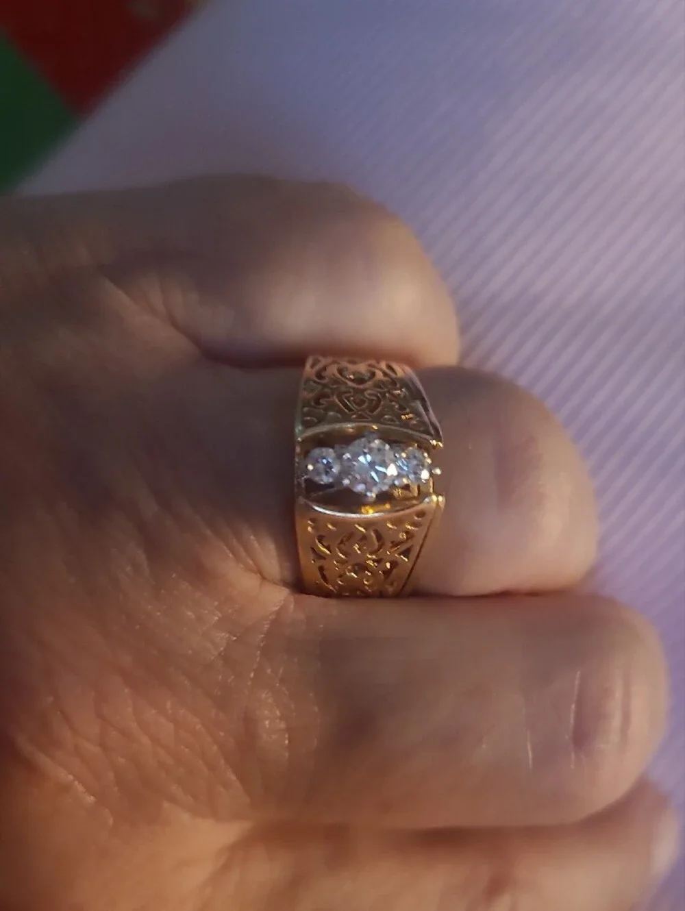 Gold 14k Yellow Filigree Band Ring with Diamonds Stone Accent - Women Jewelry